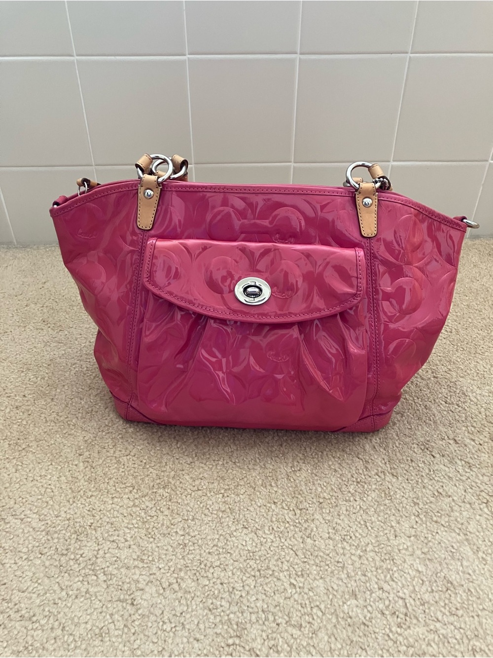 Coach embossed Glossy Pink Patent leather Tote Bag with Turn-Lock Front Pocket